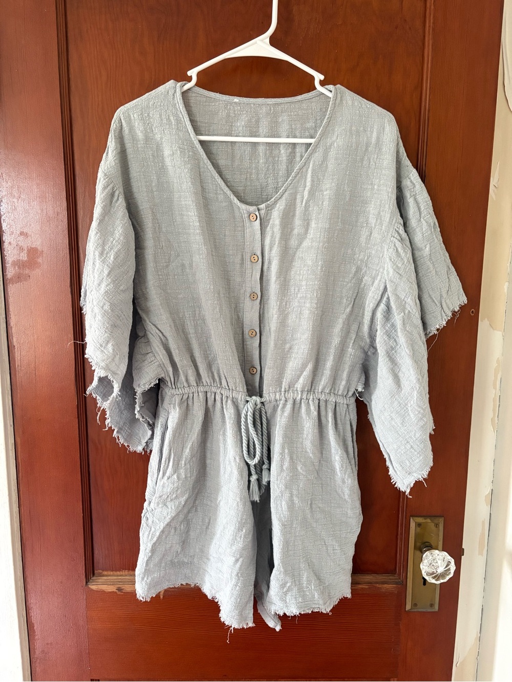 Light Gray Button-Front Gauze Romper with Drawstring Waist
